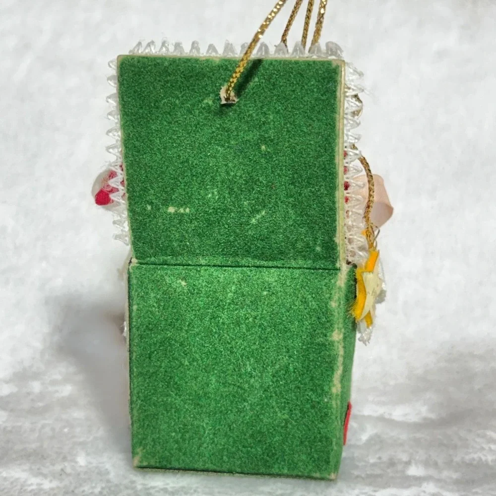 Russ Berrie Vintage Flocked Santa in Green Box Ornament Kitschy Holiday Felt
